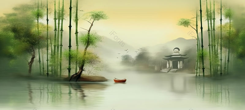 夏天夏季中国风绿竹竹叶湖泊上的小船端午节山水画户外插画背景,插画/手绘图,插画/手绘图库,插画/手绘图下载,插画/手绘